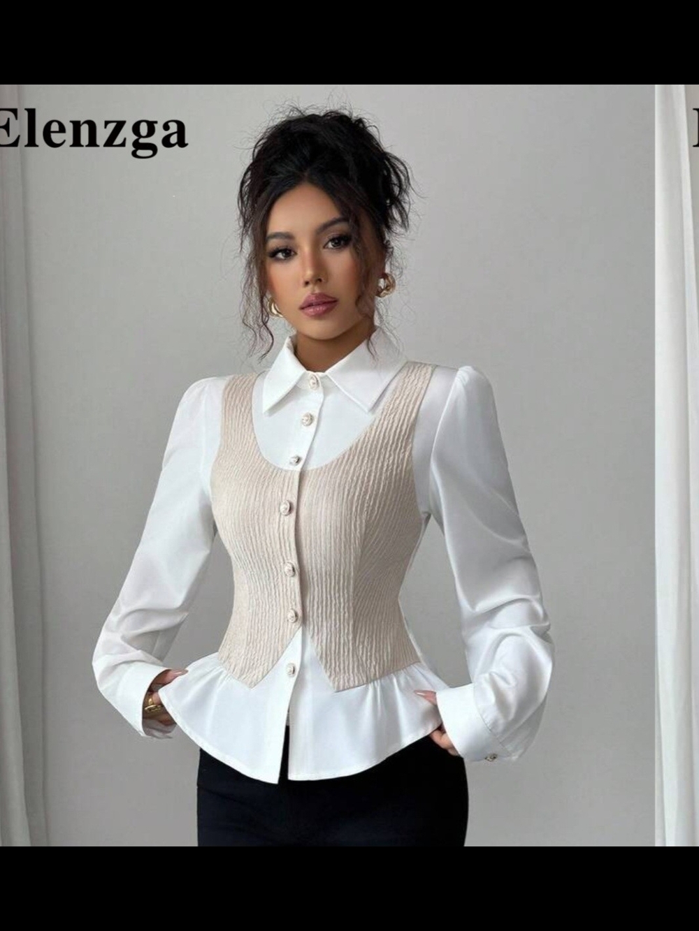 Elenzga Beige Knit Vest Over White Blouse
